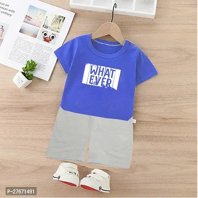 Fabulous Blue Cotton Blend Printed T-Shirts with Shorts For Boys