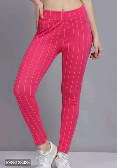 Stylish Pink Cotton Striped Jeggings For Women-thumb0