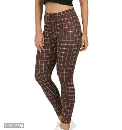 Stylish Brown Cotton Checked Jeggings For Women-thumb0