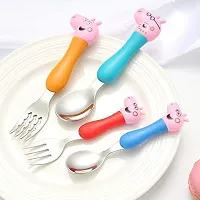 KRAFTALES Pink Pig Family Cartoon Theme Stainless Steel Spoon & Fork Set for Kids - Baby Feeding Spoon and Fork Set (Multicolor)-thumb2