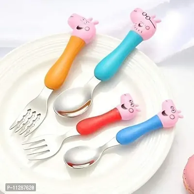 KRAFTALES Pink Pig Family Cartoon Theme Stainless Steel Spoon & Fork Set for Kids - Baby Feeding Spoon and Fork Set (Multicolor)-thumb3