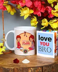 Kraftales Raksha Bandhan Gift Set Combo of Rakhi Greeting Card | Printed Ceramic Coffee Mug | Roli | Chawal | Rakhi /Raksha Bandhan Gift Set for Brother (300 ML) (ST03)-thumb2