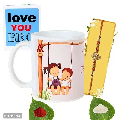 Kraftales Raksha Bandhan Gift Set Combo of Rakhi Greeting Card | Printed Ceramic Coffee Mug | Roli | Chawal | Rakhi /Raksha Bandhan Gift Set for Brother (300 ML) (ST01)-thumb2