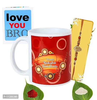 Kraftales Raksha Bandhan Gift Set Combo of Rakhi Greeting Card | Printed Ceramic Coffee Mug | Roli | Chawal | Rakhi /Raksha Bandhan Gift Set for Brother (300 ML) (ST02)