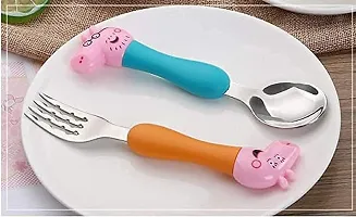 KRAFTALES Pink Pig Family Cartoon Theme Stainless Steel Spoon & Fork Set for Kids - Baby Feeding Spoon and Fork Set (Multicolor)-thumb1