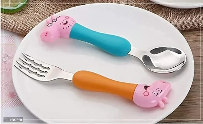 KRAFTALES Pink Pig Family Cartoon Theme Stainless Steel Spoon & Fork Set for Kids - Baby Feeding Spoon and Fork Set (Multicolor)-thumb2