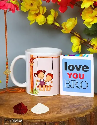 Kraftales Raksha Bandhan Gift Set Combo of Rakhi Greeting Card | Printed Ceramic Coffee Mug | Roli | Chawal | Rakhi /Raksha Bandhan Gift Set for Brother (300 ML) (ST01)-thumb0