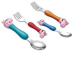 KRAFTALES Pink Pig Family Cartoon Theme Stainless Steel Spoon & Fork Set for Kids - Baby Feeding Spoon and Fork Set (Multicolor)-thumb3