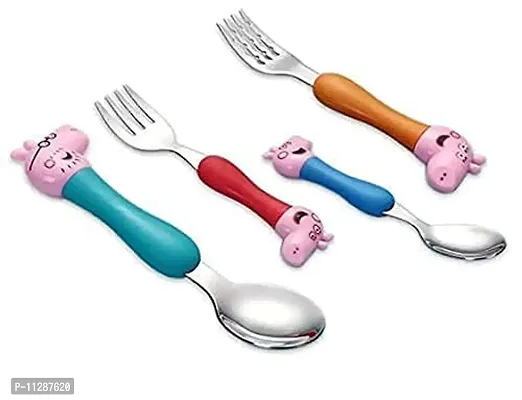 KRAFTALES Pink Pig Family Cartoon Theme Stainless Steel Spoon & Fork Set for Kids - Baby Feeding Spoon and Fork Set (Multicolor)-thumb4