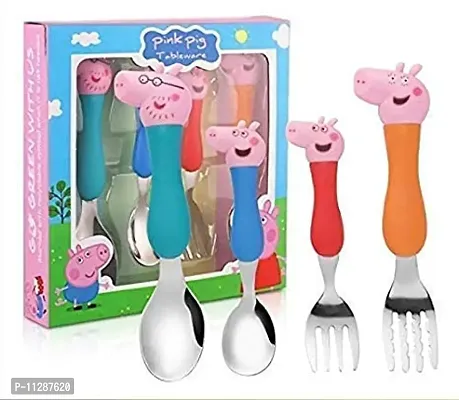 KRAFTALES Pink Pig Family Cartoon Theme Stainless Steel Spoon & Fork Set for Kids - Baby Feeding Spoon and Fork Set (Multicolor)-thumb0