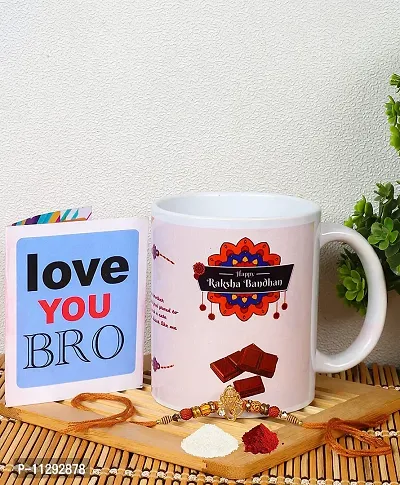 Kraftales Raksha Bandhan Gift Set Combo of Rakhi Greeting Card | Printed Ceramic Coffee Mug | Roli | Chawal | Rakhi /Raksha Bandhan Gift Set for Brother (300 ML) (ST01)-thumb3