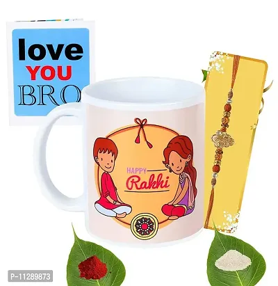 Kraftales Raksha Bandhan Gift Set Combo of Rakhi Greeting Card | Printed Ceramic Coffee Mug | Roli | Chawal | Rakhi /Raksha Bandhan Gift Set for Brother (300 ML) (ST03)
