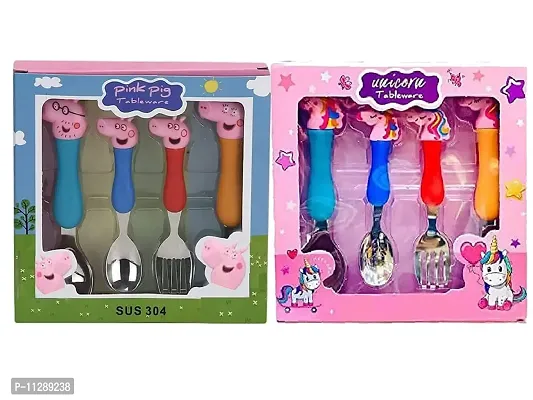 KRAFTALES Combo Pink Pig Family and Unicorn Cartoon Theme Stainless Steel Spoon & Fork Set for Kids - Baby Feeding Spoon and Fork Set (Multicolor)
