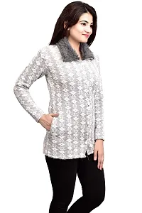Women Self Design Collared Neck White Sweater-thumb2