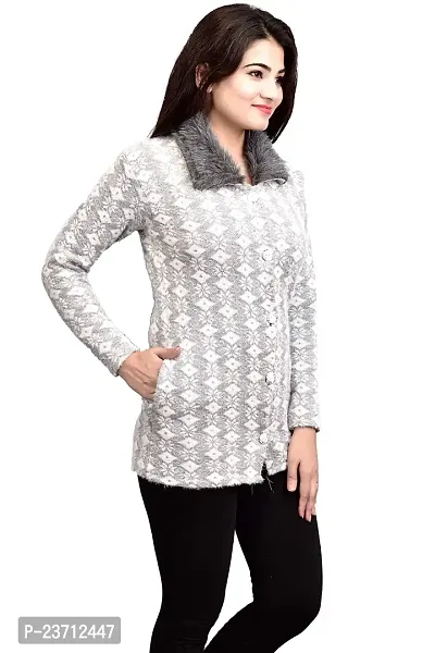 Women Self Design Collared Neck White Sweater-thumb3