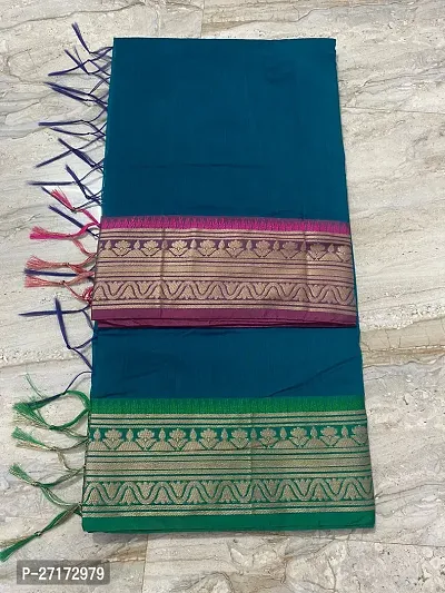 Stylish Blue Cotton Saree With Blouse Piece For Women-thumb0