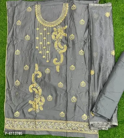 Elegant Grey Jam Cotton Dress Material with Chinon Dupatta For Women