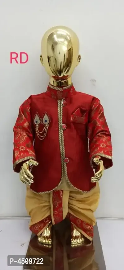 Stylish Red Jacquard Silk Printed Dhoti Kurta Set For Boys
