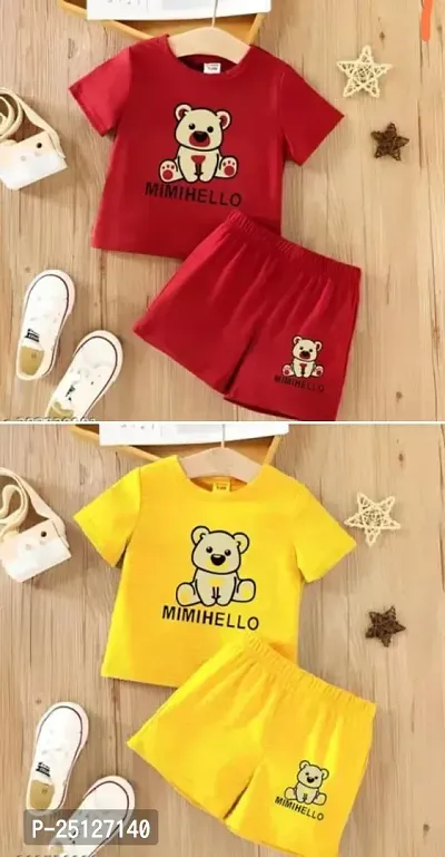 KIDS CLOTH ( MIMI HELLO )YELLOW + YELLOW AND RED + RED,,,,HAF T SHIRT AND HAF PANT 2 PCS