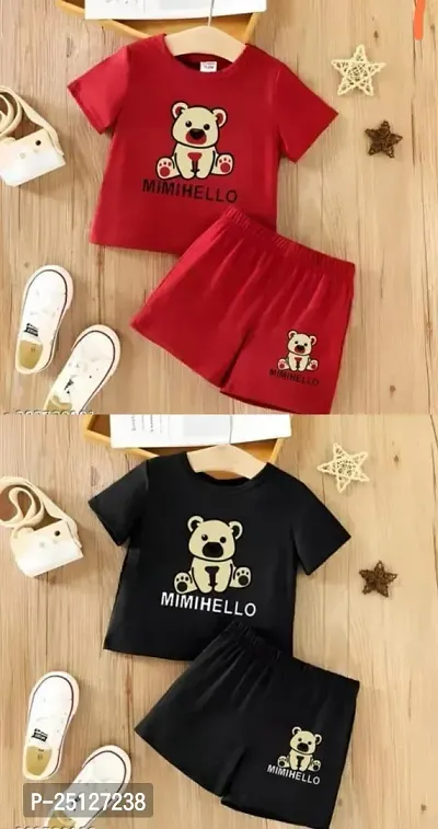 KIDS CLOTH ( MIMI HELLO )BLACK + BLACK AND RED + RED,,,,HAF T SHIRT AND HAF PANT 2 PCS