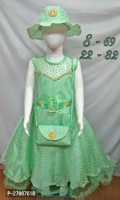 Classic Net Embellished Frocks for Kids Girls with Cap and Sling Bag