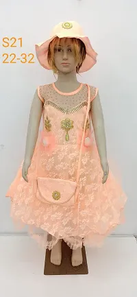 Classic Net Embellished Frocks for Kids Girls with Cap and Sling Bag