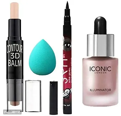 2 IN 1 BLEMISH REMOVER FACE SHAPING CONTOUR STICK+ 1 sponge puf+ Yanqina eyeliner + Iconic Illuminator Waterproof Face And Body Highlighter (shine) (COMBO OF 4 Products)-thumb0