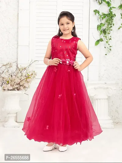 Aarika Girls Party Wear Dark Pink Colour Thread Embroidery Net Gown