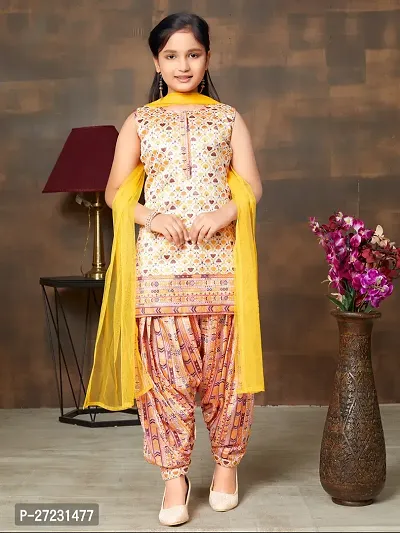 Girls Ethnic Wear Yellow Colour Floral Print Silk Kurti Patiala Set