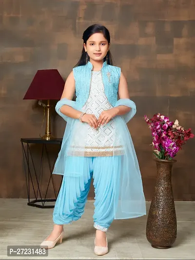 Girls Ethnic Wear Sky Blue Colour Sequin Embroidery Lace Work Silk Kurti Patiala With Jacket