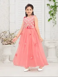 Girls Party Wear Coral Color Gliter Print Embellished Net Gown-thumb4