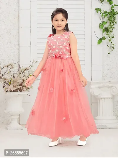 Girls Party Wear Coral Color Gliter Print Embellished Net Gown-thumb5