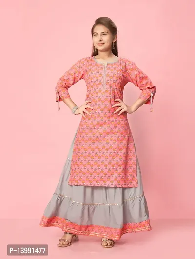 Aarika Girls Gajri-Grey Colour Cotton Printed Kurti Skirt Set