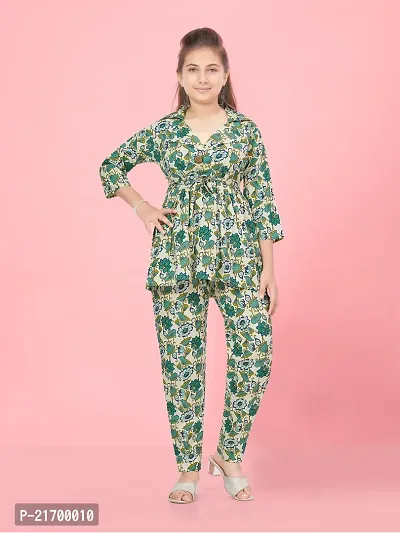 Aarika Girls Cream-Green Colour Floral Print Cotton Co-ord Set
