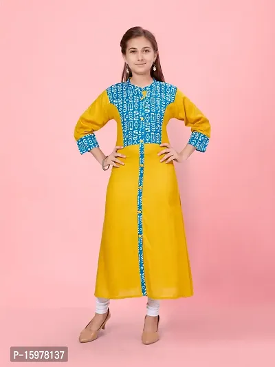 Aarika Girls Lime Yellow Color Cotton Printed-Solid Kurti