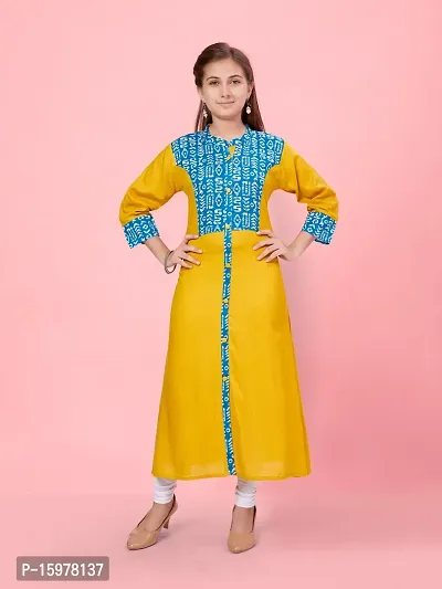 Aarika Girls Lime Yellow Color Cotton Printed-Solid Kurti-thumb0