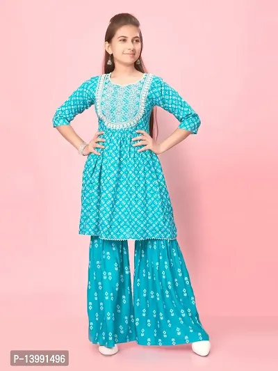Aarika Girls Firozi Colour Cotton Embroidery Kurti Sharara Set