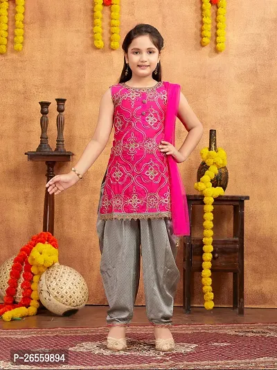 Aarika Girls Ethnic Wear Rani Colour Embellished Gota work Silk Kurti Patiala Set