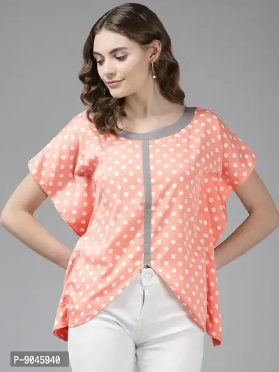 Elegant Peach Cotton Blend Polka Dot Print Top For Women