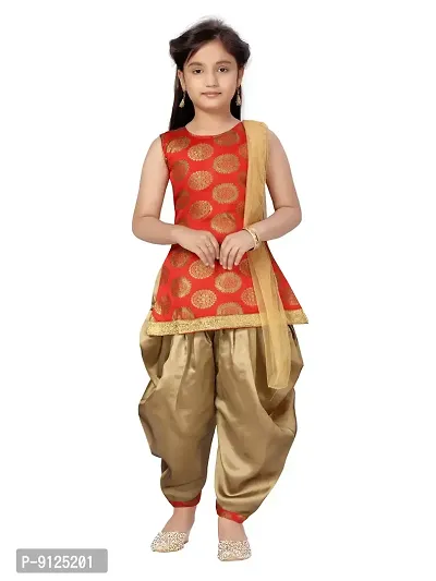 Stylish Fancy Silk Red-Gold Brocade-Self Design Patiala Kurti Set For Girls