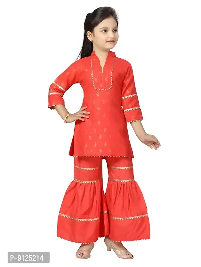 Stylish Fancy Cotton Gajri Color Kurti Sharara Set For Girls