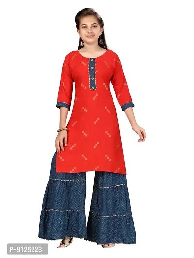 Stylish Fancy Cotton Red-Teal Party Wear Kurti Sharara Set For Girls