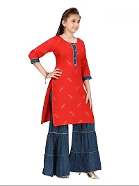 Stylish Fancy Cotton Red-Teal Party Wear Kurti Sharara Set For Girls-thumb1