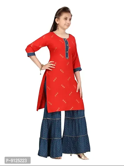 Stylish Fancy Cotton Red-Teal Party Wear Kurti Sharara Set For Girls-thumb2