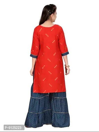 Stylish Fancy Cotton Red-Teal Party Wear Kurti Sharara Set For Girls-thumb4