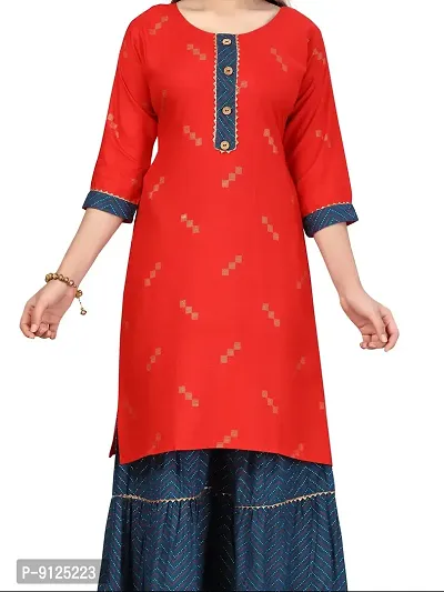 Stylish Fancy Cotton Red-Teal Party Wear Kurti Sharara Set For Girls-thumb5