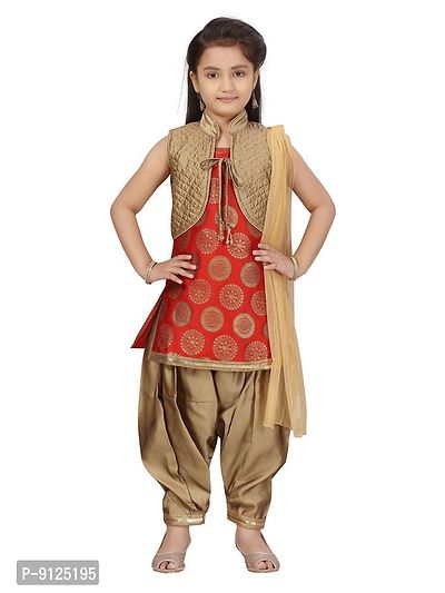 Stylish Fancy Silk Red-Gold Colour Suit Salwar Set For Girls