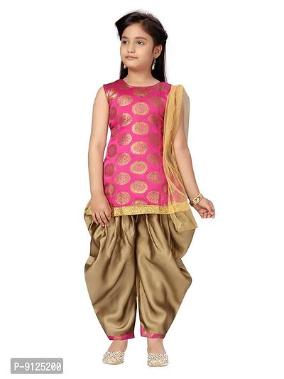 Stylish Fancy Silk Rani-Gold Self Design Patiala Kurti Set For Girls-thumb0