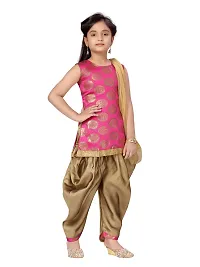 Stylish Fancy Silk Rani-Gold Self Design Patiala Kurti Set For Girls-thumb1