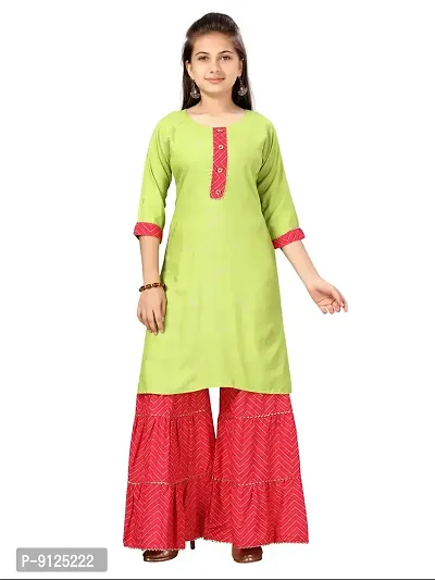 Stylish Fancy Cotton Green-Rani Party Wear Kurti Sharara Set For Girls